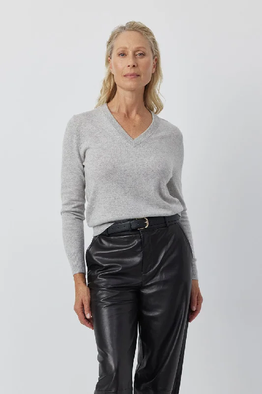 Essential Cashmere Rib V Sweater - Grey Melange