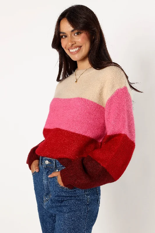 Giovanna Crewneck Multi Stripe Knit Sweater - Berry