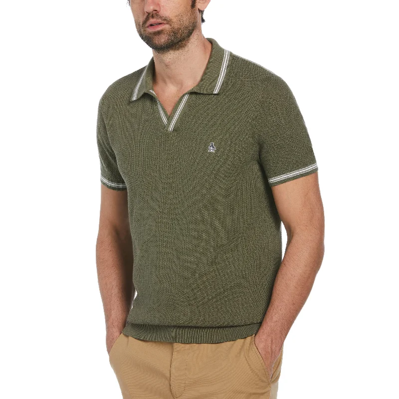 Textured Johnny Collar Sweater Polo