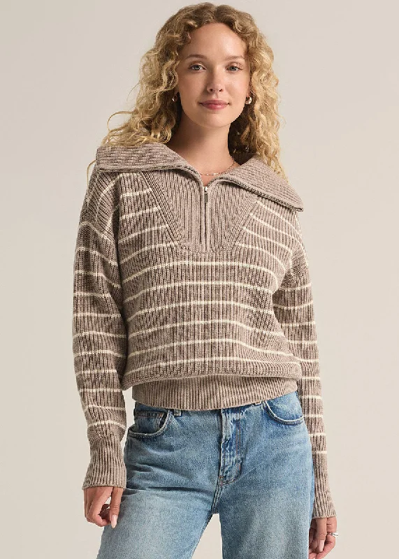 Villa Half Zip Stripe Sweater - Heather Taupe