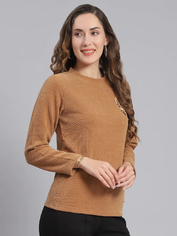 Women Brown Embroidered Round Neck Full Sleeve Sweater