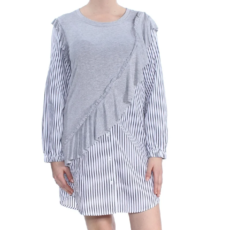 Women's Striped Ruffled Shirt Dress,Grey/White