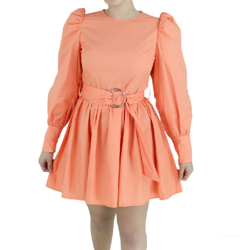 Women's Puff Sleeve Belted Dress,Coral