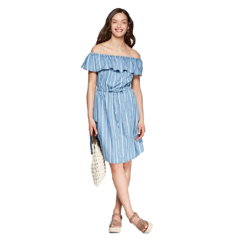 Women's Striped Ruffle Off Shoulder Neck Dress,Light Blue