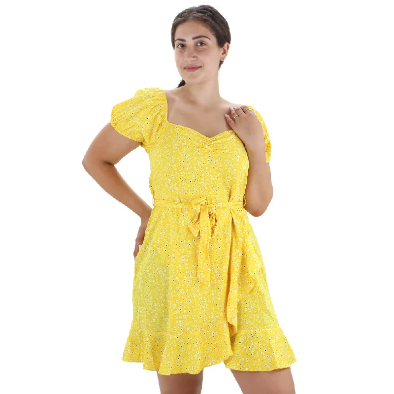 Women's Floral Puff Sleeve Short Dress with Belt ,Yellow