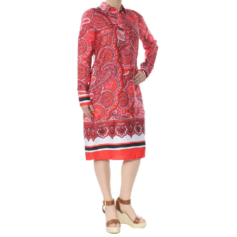 Women's Paisley Satin Shirt dress,Red