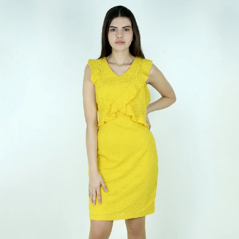 Women's Perforated Ruffle Dress,Yellow