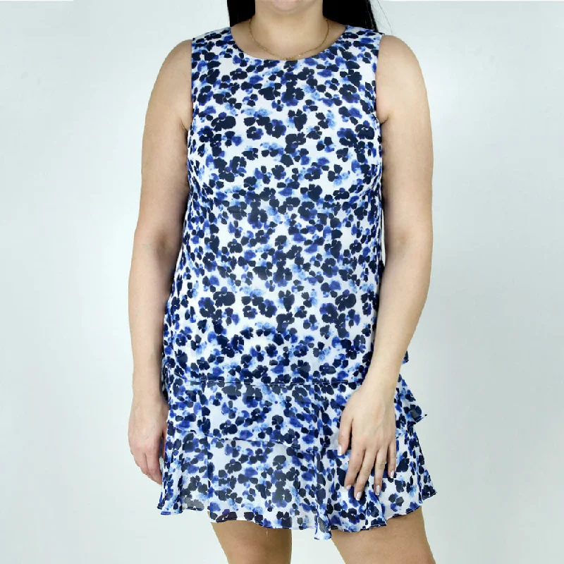 Women's Printed Flare Dress,White/Blue