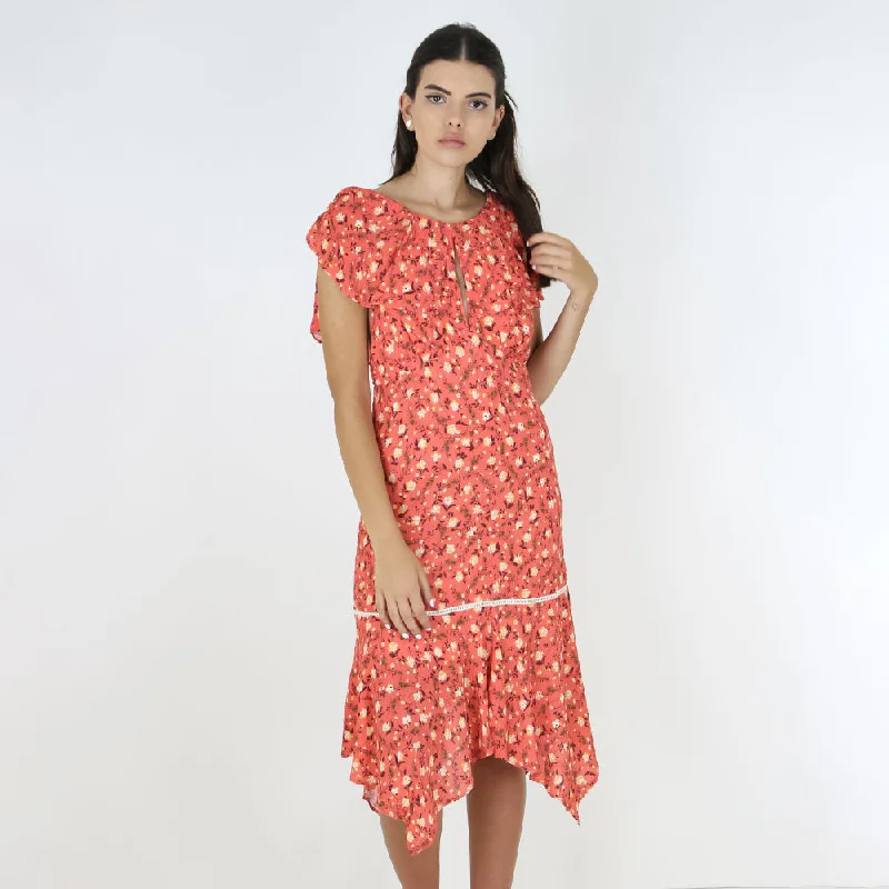 Women's Ruffled Floral Casual Midi Dress,Coral