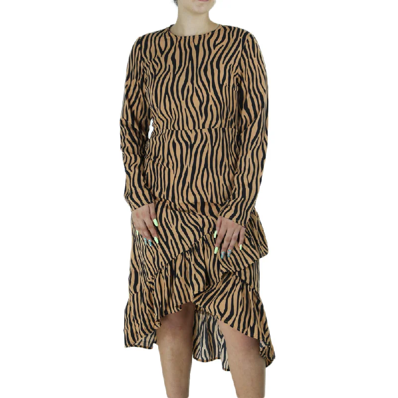 Women's Zebra Print Ruffle Midi Dress,Black/Beige