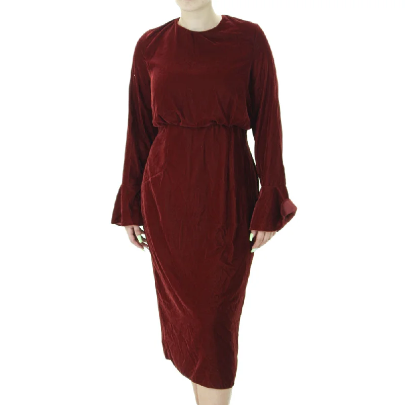 Women's Plain Velvet Midi Dress,Burgundy