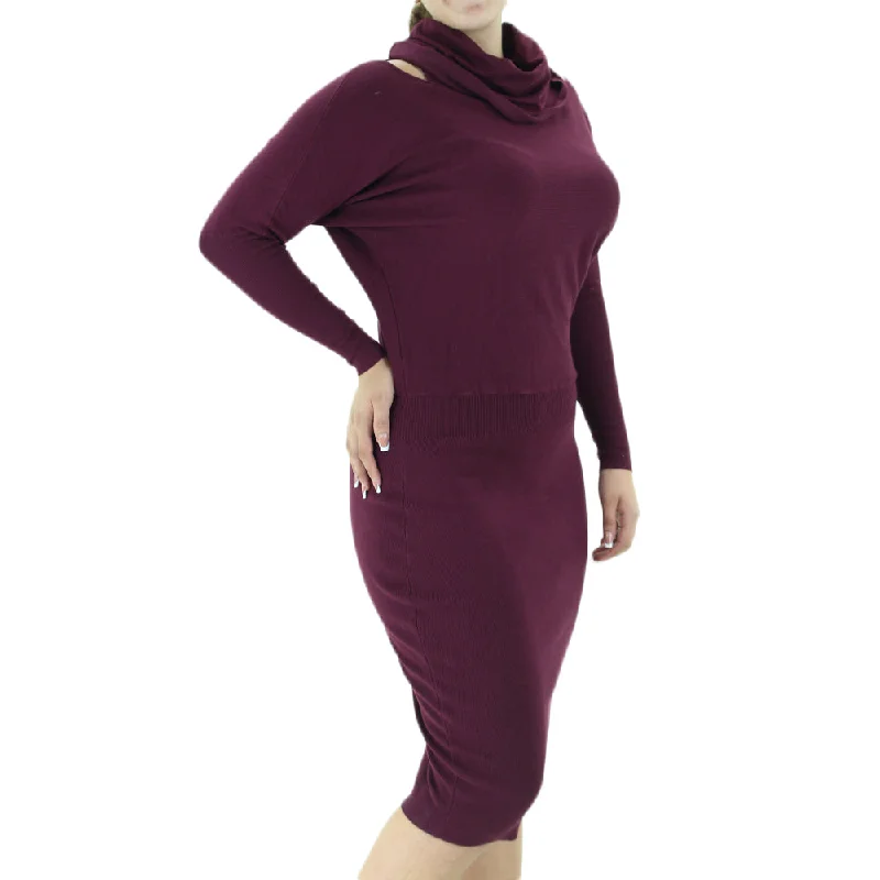 Women's Ribbed Cowl Neck Dress,Burgundy