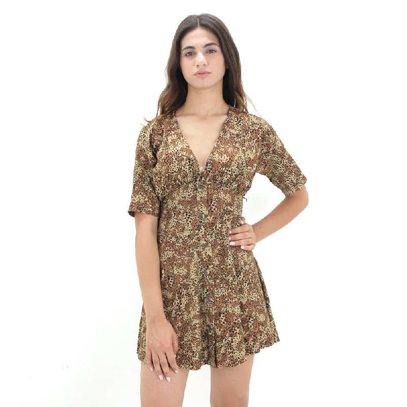 Women's Leopard Print Cotton Short Dress,Brown