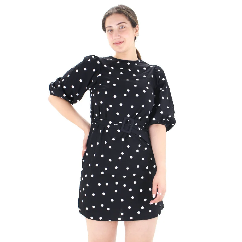 Women's Belted Polka Dots Mini Dress,Black