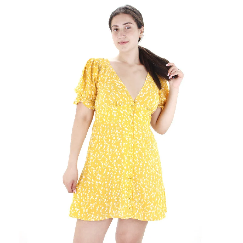 Women's V-Neck Floral Shirt Dress,Yellow