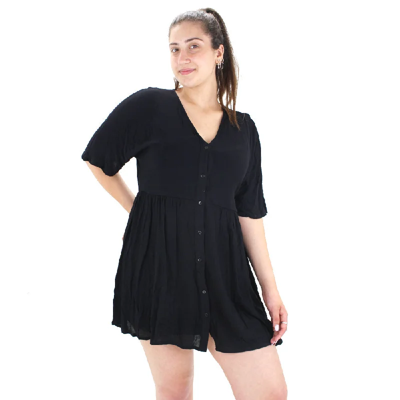 Women's Buttons Front Mini Ruffle Dress,Black