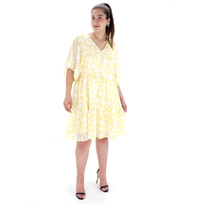 Women's V-Neck Printed Chiffon Dress,Yellow