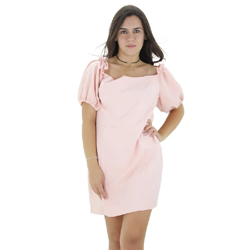 Women's Puff Sleeve Solid Dress,Pink