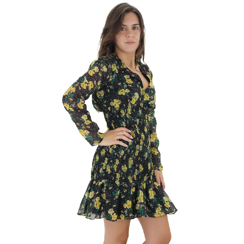 Women's Floral Smocked Chiffon Long Sleeve Dress,Black