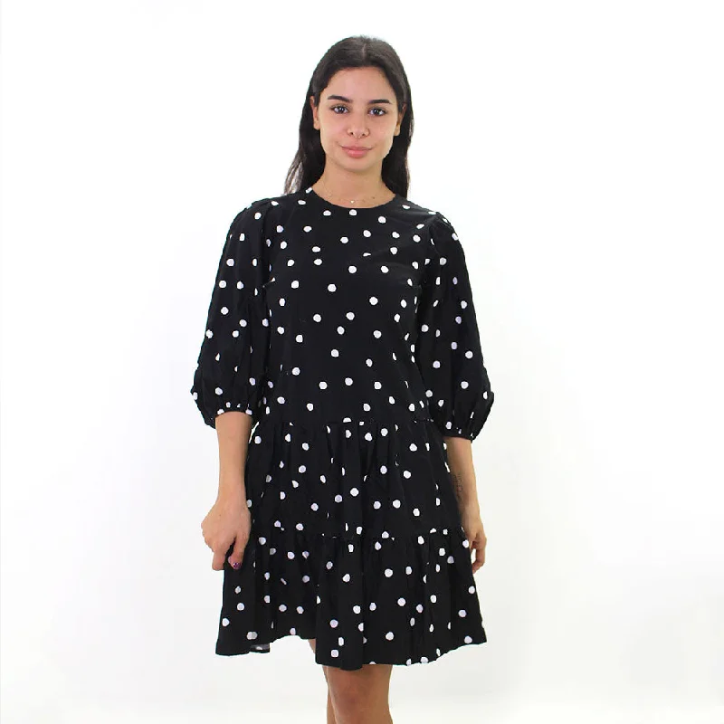 Women's Polka Dot Balloon Sleeve Dress,Black