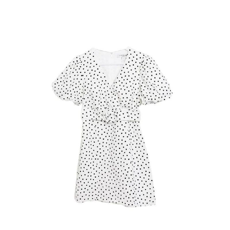 Women's Belted Polka Dots Dress,White