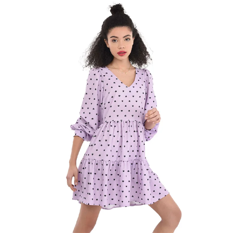 Women's Hearts Print Ruffle Dress,Purple