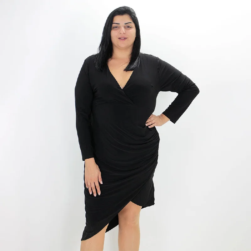 Women's Plain Solid V-Neck Dress,Black