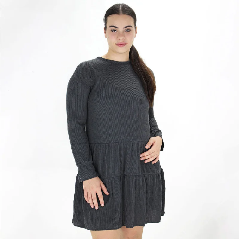 Women's Ribbed Ruffled Dress,Dark Grey