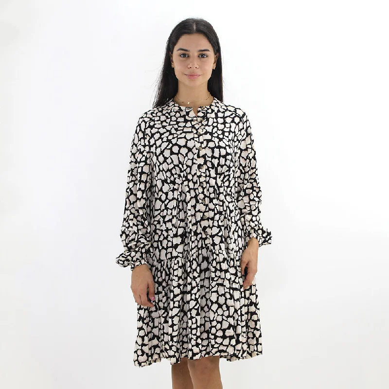 Women's All Over Printed Dress,Black/Beige